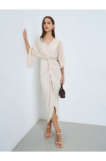 Beige Pleated Detail Midi Dress