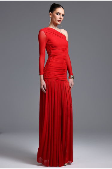 Zaniyah Elegant Contour One Shoulder Ruched High Slit Knit Maxi Dress