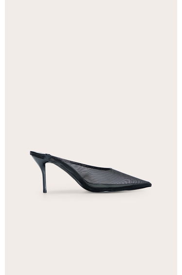 Black Mesh Heeled Mule