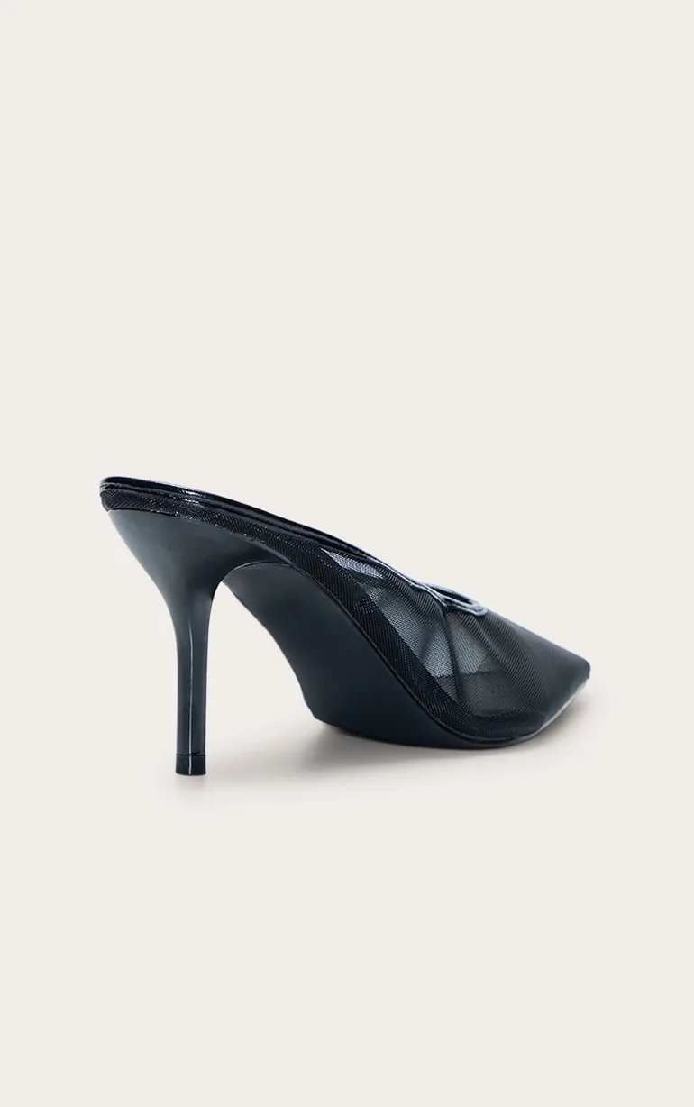 Black Mesh Heeled Mule - 2