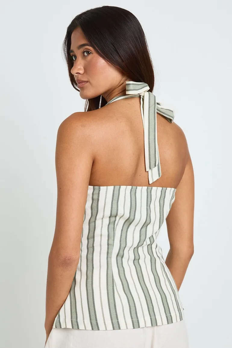 Premium Linen Stripe Halterneck Waistcoat - sage - 2