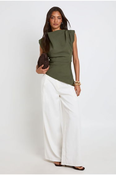 Tall Gathered Shoulder Pad Asymmetric Blouse - khaki