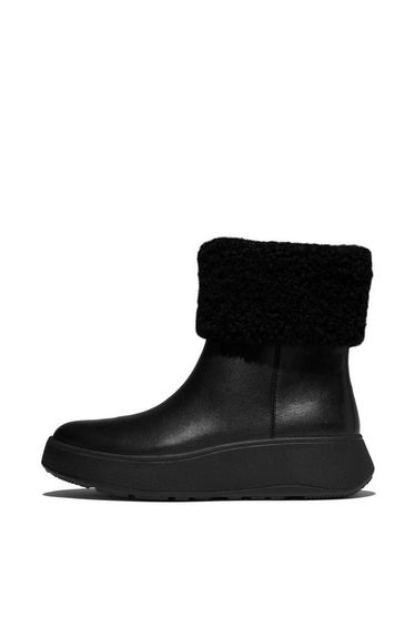 F-Mode Shearling-Collar Zip-Up Leather Ankle Boots All Black