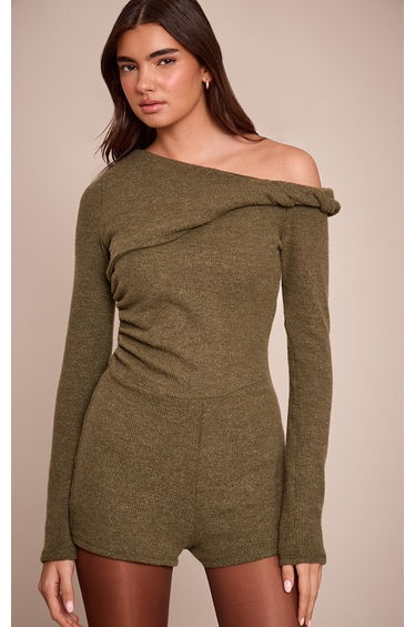 Olive Ribbed Twist Off The Shoulder Unitard