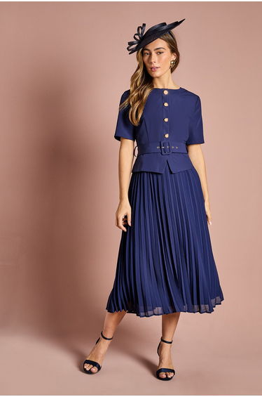 Short Sleeve Button Down Pleated Skirt Midi Dress