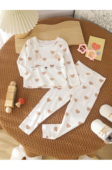 Girls White Heart Print T-Shirt and Pyjama Set