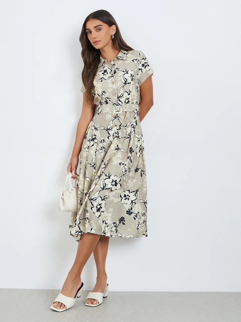 Women Beige Floral Short Sleeves Shirt Midi Dress Styli Multicolour : Day Dresses : VogaCloset Bahrain Women Beige Floral Short Sleeves Shirt Midi Dress Styli Multicolour : Day Dresses : VogaCloset Bahrain