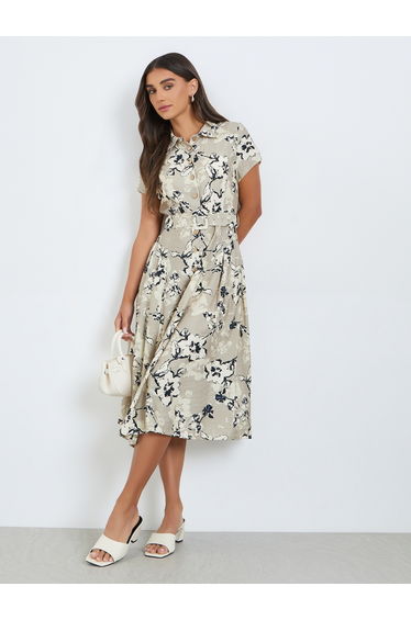 Women Beige Floral Short Sleeves Shirt Midi Dress