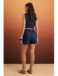 Navy Blue 100% Linen Elastic Waist High Waist Shorts - 3