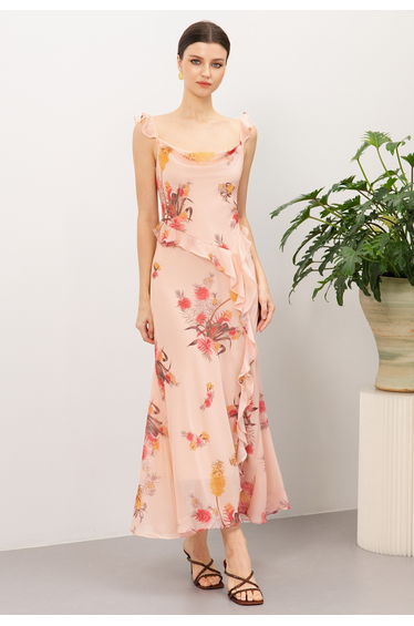 Meadow Floral Print Cowl Neck Ruffle Chiffon Dress for Beach Weddings & Brunch Dates