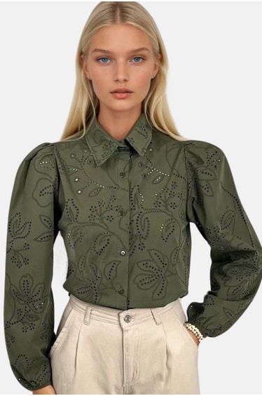 Women's Green Guipure Woven Premium Shirt