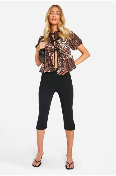 Leopard Puff Sleeve Contrast Bow Tie Blouse