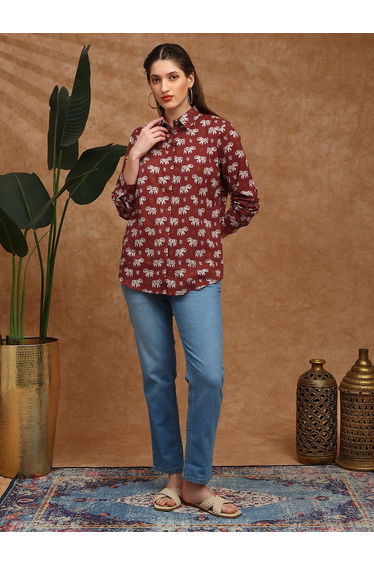Women Red Collared Tribal Print Shirt Tunic