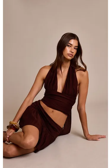 Dark Chocolate Crinkle Textured Low Rise Micro Mini Skirt