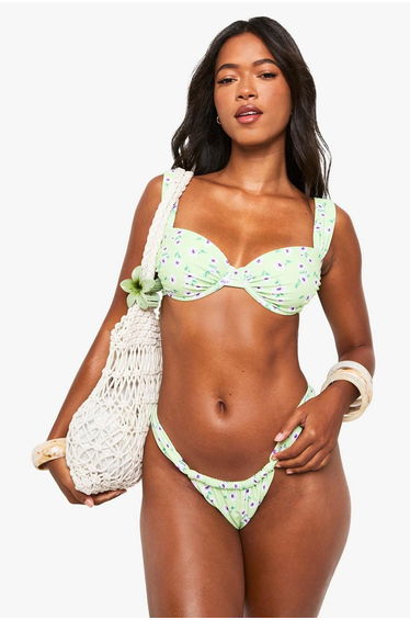 Floral Ruched Tanga Bikini Brief - green