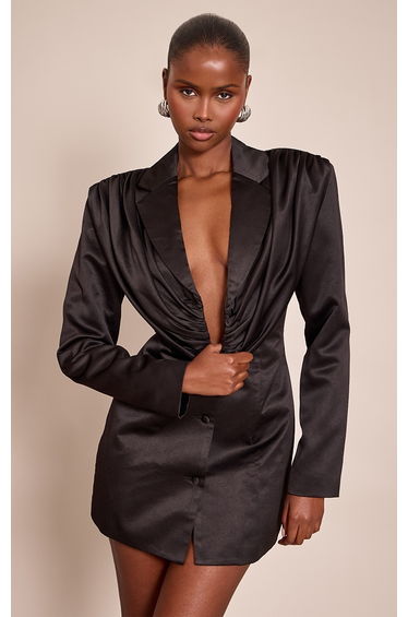 Black Satin Pleated Blazer Dress