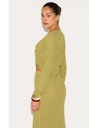 Olive Pointelle Knit Trim Detail Long Sleeve Top - 2