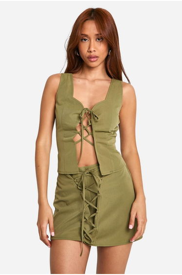 Lace Up Front Mini Skirt - olive