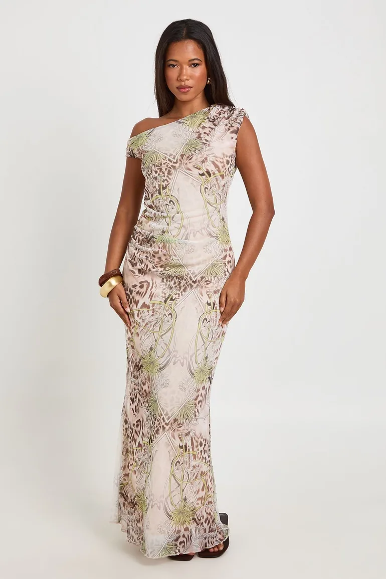 Animal Print Printed Mesh Asym Neck Maxi Dress - animal