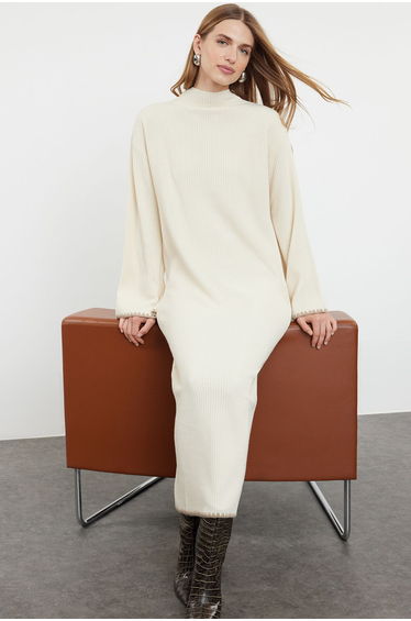 Beige Sewing Detailed Long Knitwear Dress