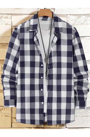 Men Navy Blue Checked Long Sleeve Shirt