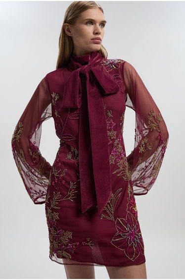 Floral Applique Embellished Organdie Woven Mini Dress