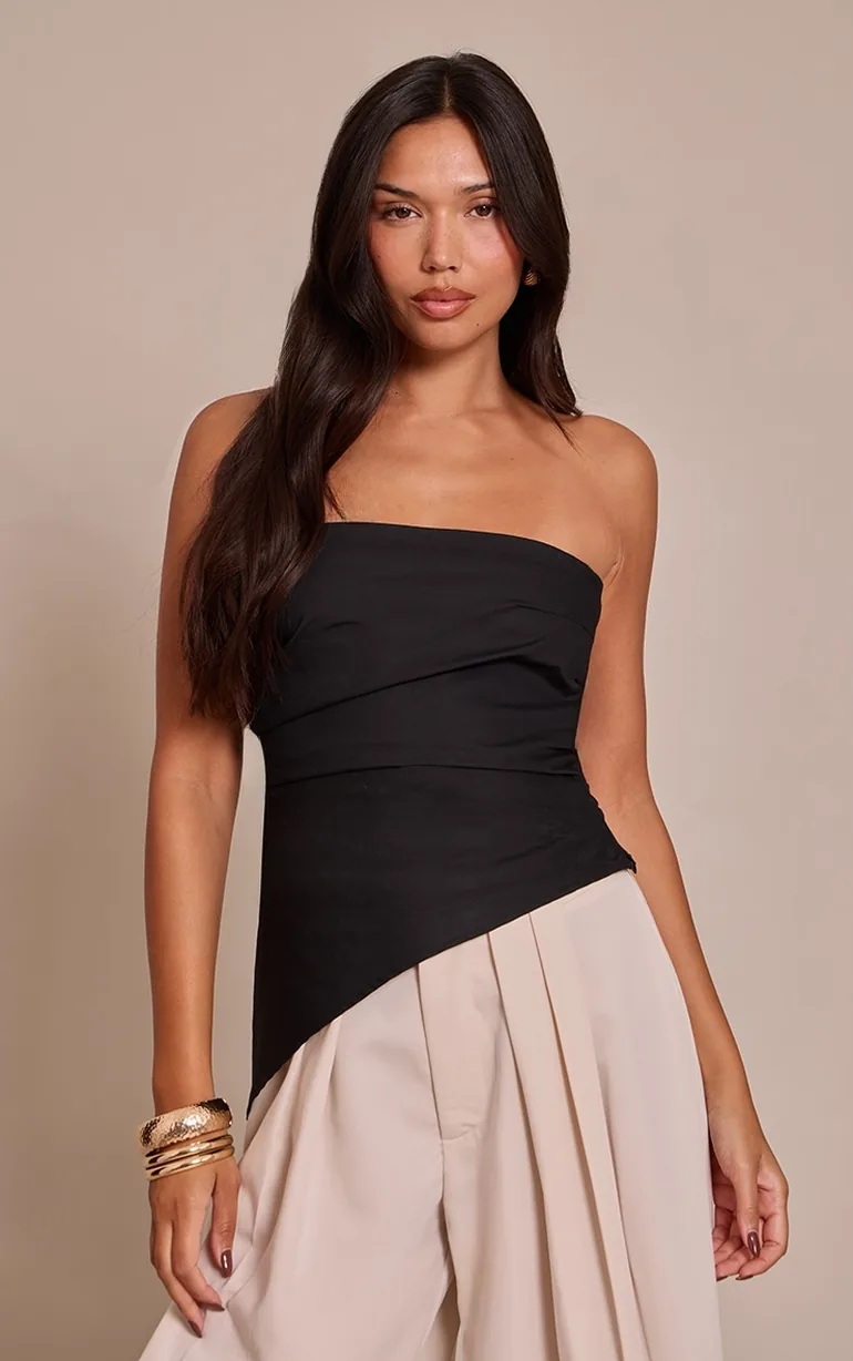Black Bandeau Asymmetric Ruched Detail Top Prettylittlething : Tops &  T-Shirts : VogaCloset Oman
