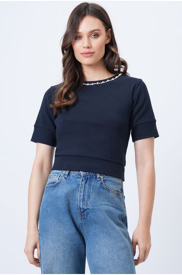 Women's Navy Blue Crew Neck Pearls Knitwear Blouse