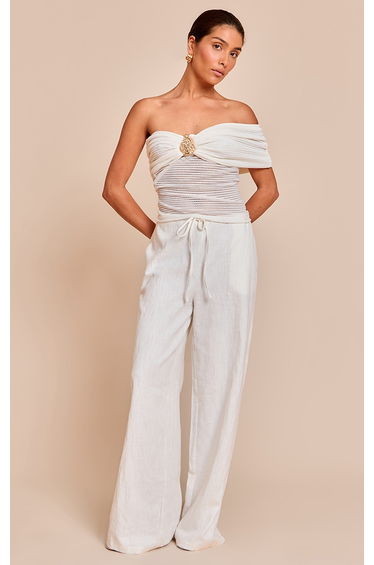 Petite Cream Textured Trim Detail One Shoulder Bardot