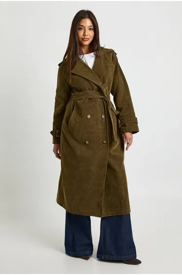 Faux Suede Trench Coat - khaki