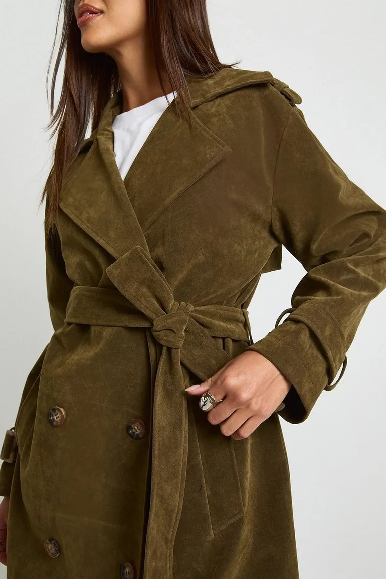 Faux Suede Trench Coat - khaki - 3