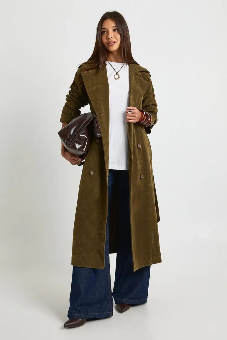 Faux Suede Trench Coat - khaki