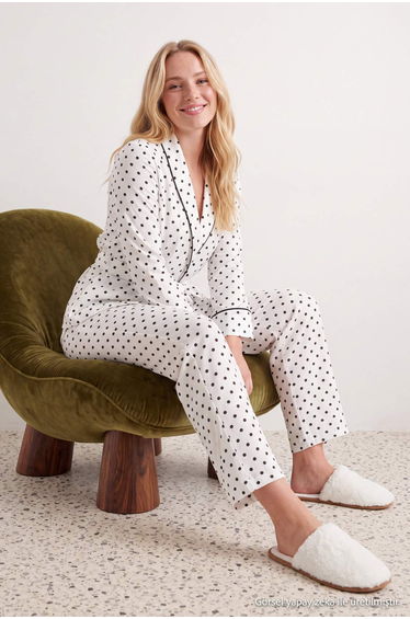 White-Black Belted Polka Dot Piping Detailed Double Breasted Viscose Woven Pajama Set