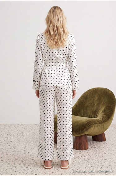 White-Black Belted Polka Dot Piping Detailed Double Breasted Viscose Woven Pajama Set product thumbnail 4
