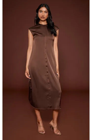 فستان ساتان بأكمام كاب - بني
