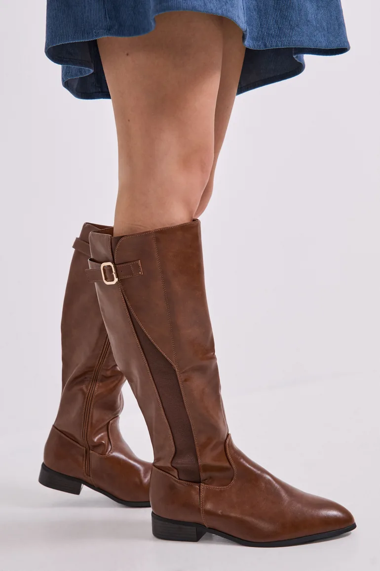 Wide Fit Kamille Faux Leather Elastic Knee High Riding Boots - 1
