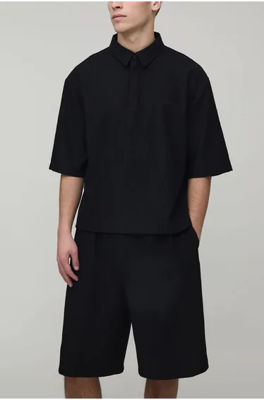 Oversized Wavy Textured Polo & Longline Relaxed Short Set - black