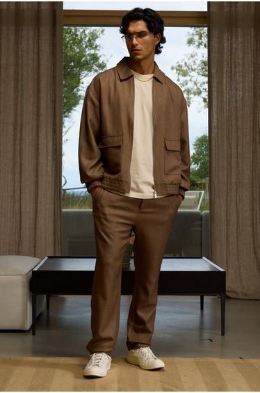 Straight Fit Half Fixed Waistband Twill Trouser - mocha