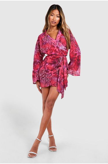 Animal Print Wrap Mini Dress - pink