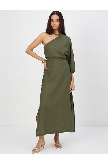 Women Olive One Shoulder Top with Skirt Co-Ords