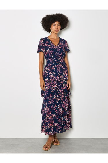 Watercolour Leaves Chiffon Tiered Maxi Dress