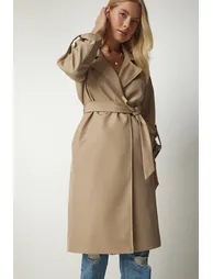 Women's Beige Belted Seasonal Trench Coat - 4