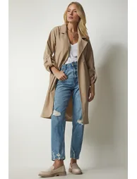 Women's Beige Belted Seasonal Trench Coat
