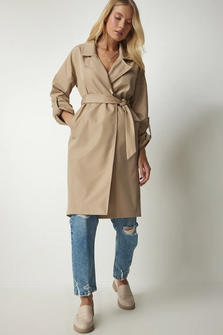 Women's Beige Belted Seasonal Trench Coat - 2