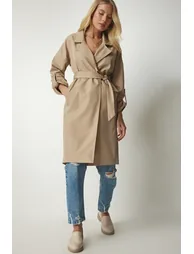 Women's Beige Belted Seasonal Trench Coat - 2