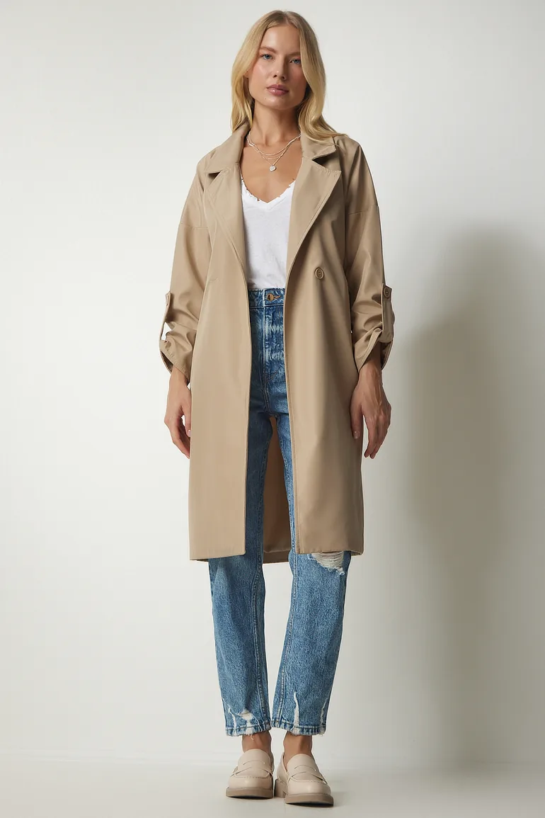 Women's Beige Belted Seasonal Trench Coat - 1
