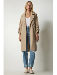 Women's Beige Belted Seasonal Trench Coat - 1