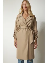 Women's Beige Belted Seasonal Trench Coat - 3