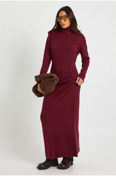 Tall Super Soft High Neck Knitted Maxi Dress - burgundy