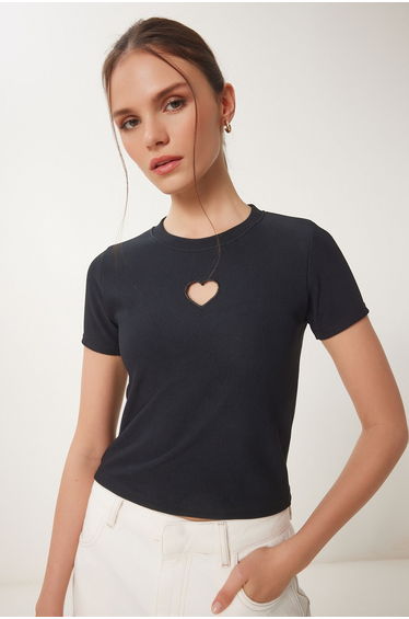 Women's Black Heart Embroidered Ribbed Knitted T-Shirt
